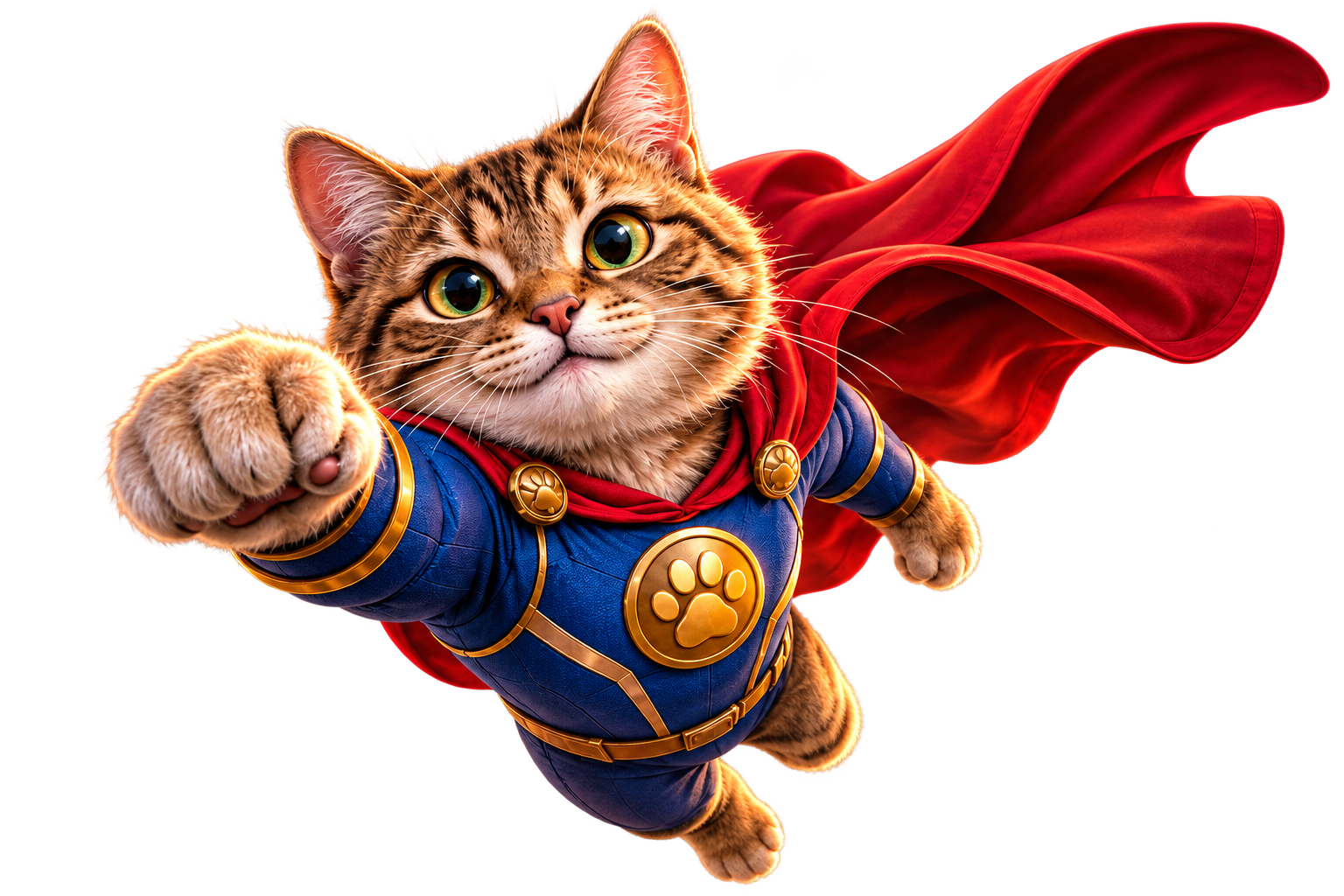 Super Cat flying in a blue suit with a red cape and golden paw emblem
